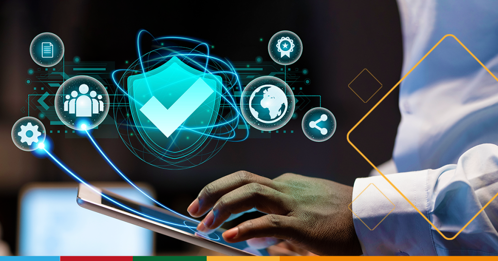 A man working from his tablet, with all his work protected by enterprise-grade security and stored securely in the cloud. To highlight Microsoft 365's security benefit.