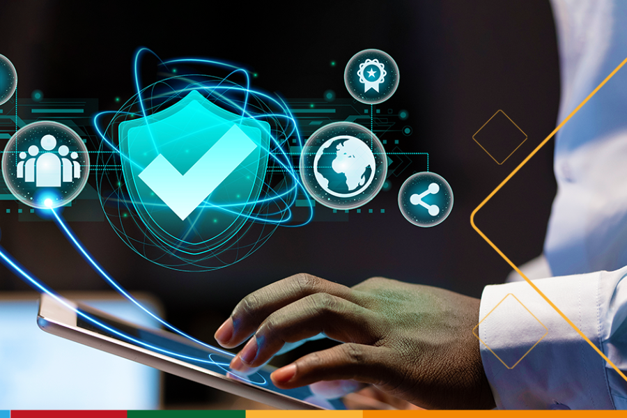 A man working from his tablet, with all his work protected by enterprise-grade security and stored securely in the cloud. To highlight Microsoft 365's security benefit.